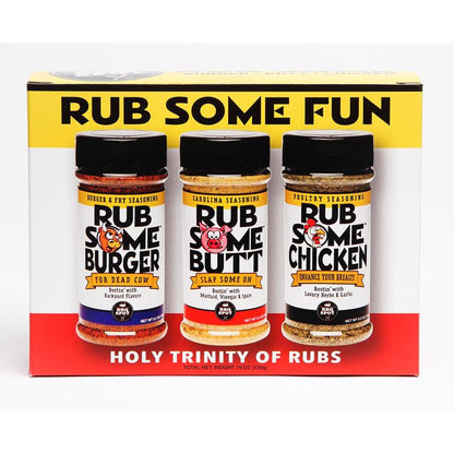 Emery Jensen Rub Some Fun ASSD 3-piece BBQ seasoning and rub set showing three colorful spice containers for grilling.