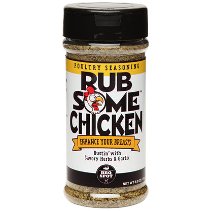 Emery Jensen Rub Your Chicken 6oz BBQ seasoning rub in a jar, ready to add flavor to grilled chicken dishes.