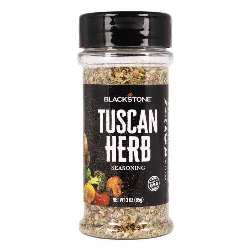 Emery Jensen Tuscan BBQ seasoning rub in a 3oz jar, with herbs and spices for flavorful grilling and outdoor cooking.