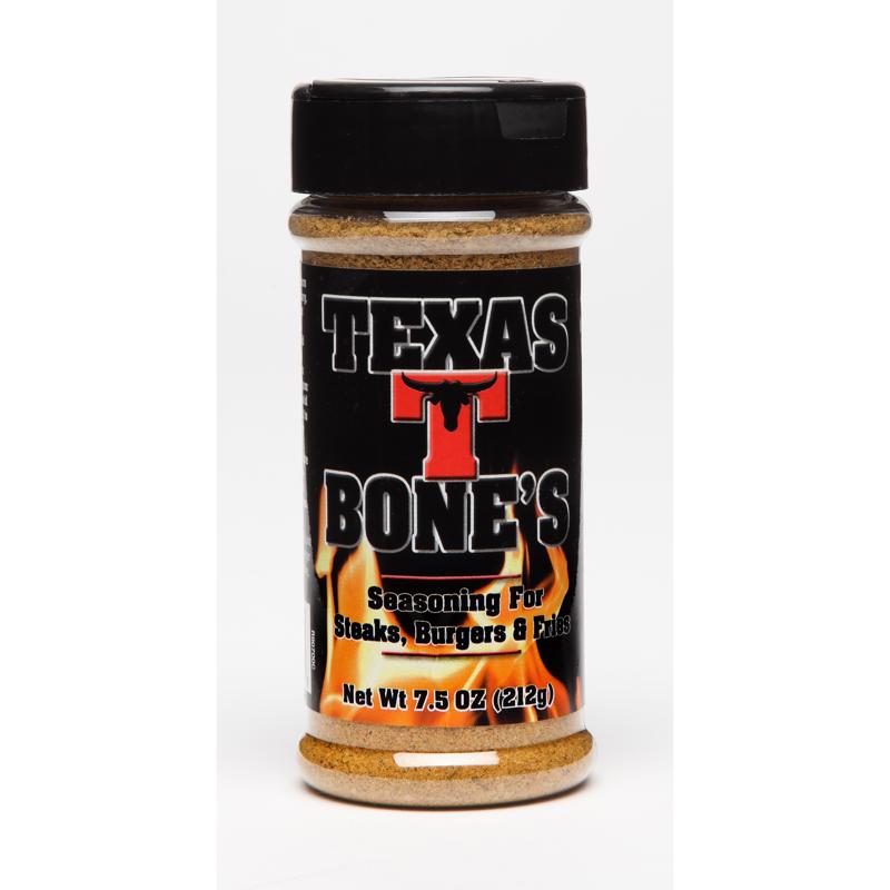 Emery Jensen Texas T-Bone BBQ meat rub in 7.5oz jar, seasoned for flavorful grilling of T-bone steaks.