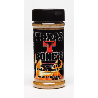Emery Jensen Texas T-Bone BBQ meat rub in 7.5oz jar, seasoned for flavorful grilling of T-bone steaks.