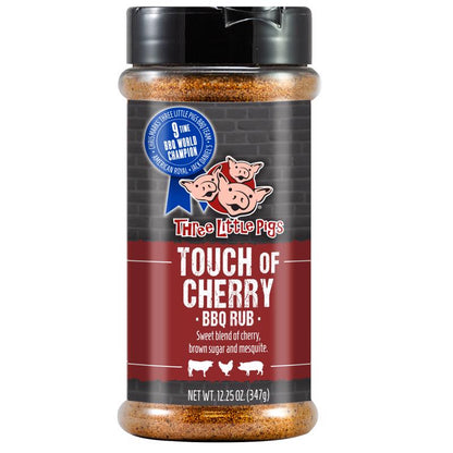 Emery Jensen TLP Touch of Chery BBQ seasoning rub in a 6.5oz jar, with a close-up of the seasoning texture and label.