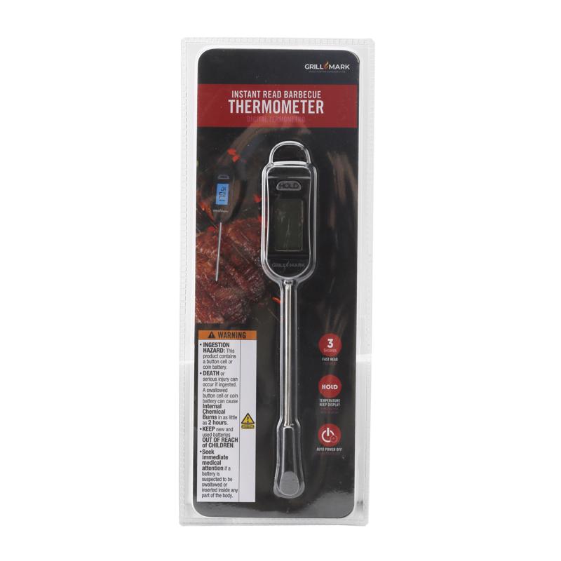 Digital meat thermometer by Emery Jensen, BBQ thermometer with plastic handle, showing temperature display for grilling.