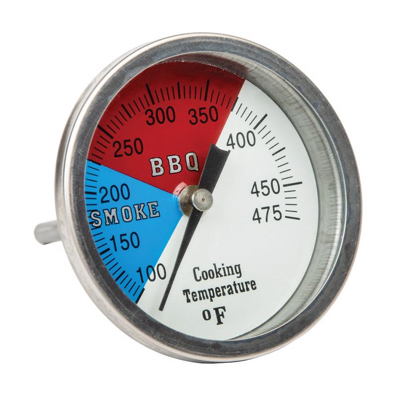 Emery Jensen 2-inch BBQ thermometer temperature gauge for grilling and smoking, black dial with temperature markings.