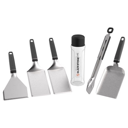 Emery Jensen 6-piece stainless steel BBQ tool set includes tongs, spatula, fork, basting brush, and skewers for grilling.