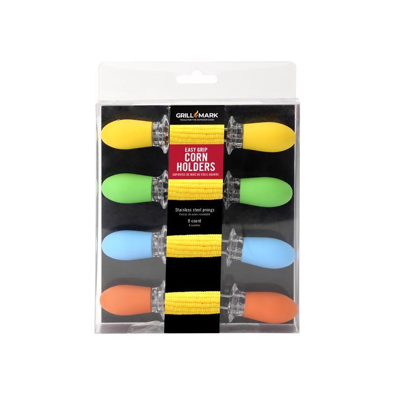 Set of 8 Emery Jensen BBQ corn holders, stainless steel skewers for grilling and serving corn on the cob.