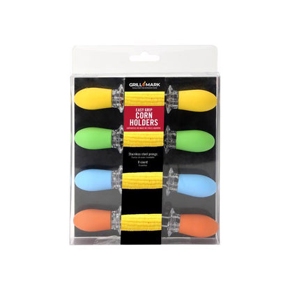Set of 8 Emery Jensen BBQ corn holders, stainless steel skewers for grilling and serving corn on the cob.