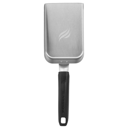 Emery Jensen stainless steel black and silver griddle scoop for BBQ grilling, open stock barbecue tool, close-up view