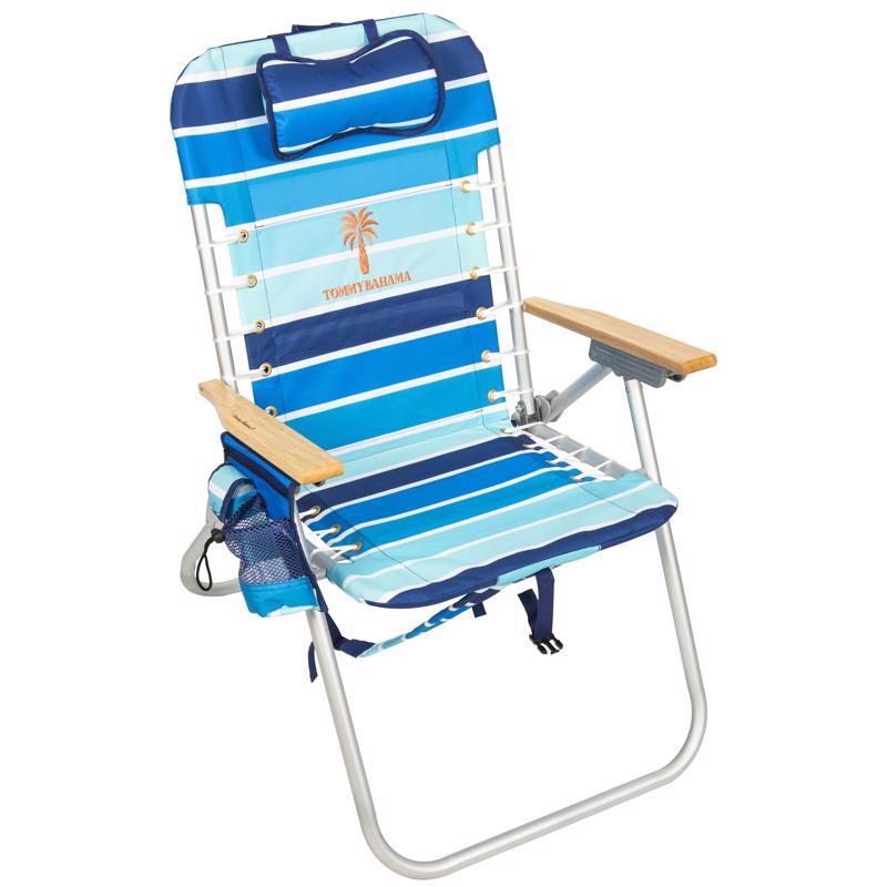 Emery Jensen blue multi beach chair with foldable design and padded armrests for comfortable outdoor relaxation.
