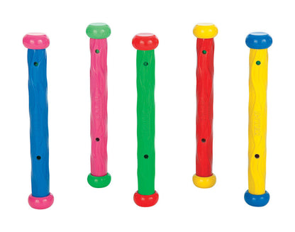 Emery Jensen Pool Dive Sticks 5-pack for beach games and underwater fun, colorful plastic diving toys for kids.
