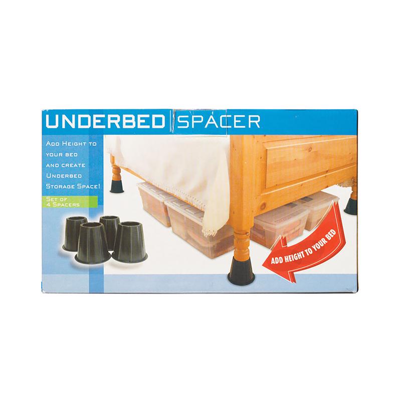 Set of four Emery Jensen bed risers showing black plastic construction and raised height for elevating beds.