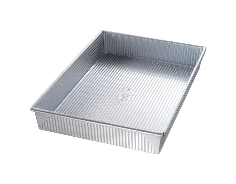 Rectangular 9x13-inch cake pan from Emery Jensen Best Tin Bakeware, ideal for baking cakes and casseroles.