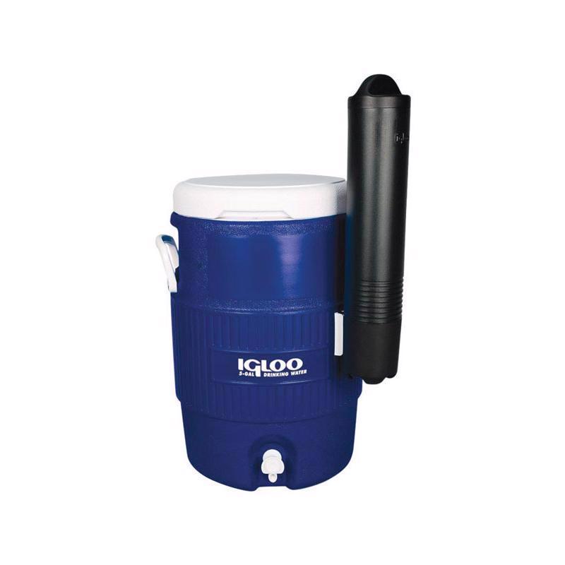 Emery Jensen 5-gallon beverage cooler with cup dispenser, durable plastic jug for keeping drinks cold and easily accessible.