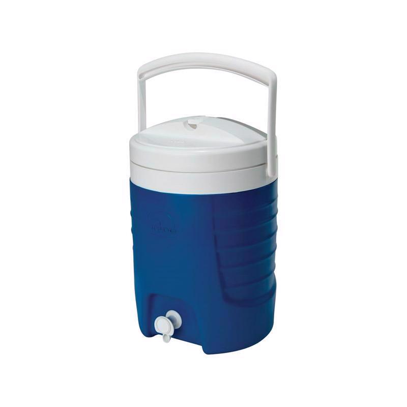 Set of four Emery Jensen cooler water jugs, 2-gallon beverage coolers, blue plastic jugs for cold drinks.