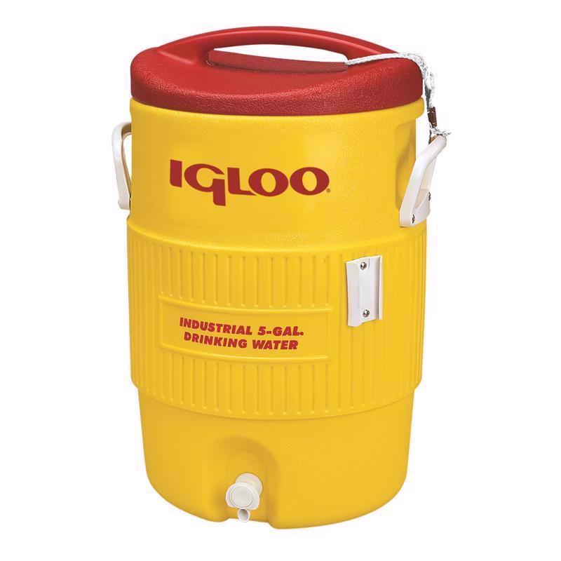 Emery Jensen 5-gallon water cooler jug for beverage cooling, showing clear plastic container with spout and handle.