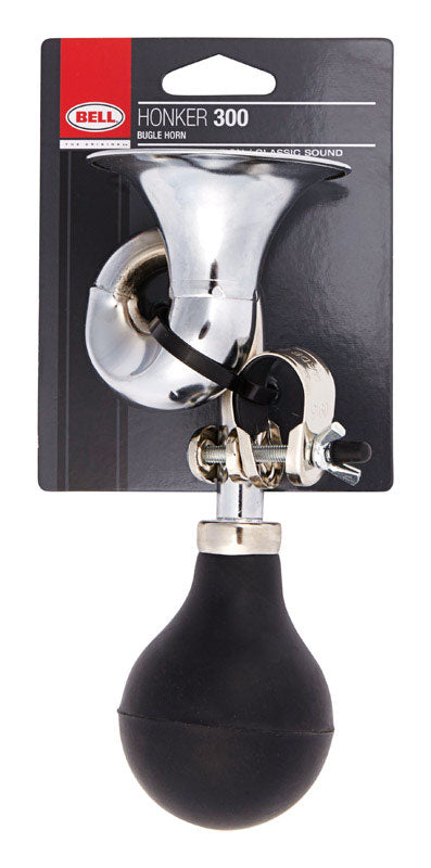 Emery Jensen Bugle Bike Horn mounted on a bicycle handlebar, designed for bike accessories, with a bright red horn and black mounting bracket.