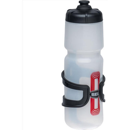 Clear black plastic water bottle cage by Emery Jensen, designed for bike accessories, shown mounted on a bicycle.
