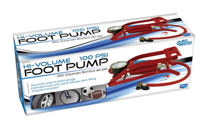 Steel bike tire foot pump by Emery Jensen, capable of 100 PSI, with a sturdy design for inflating bicycle tires.