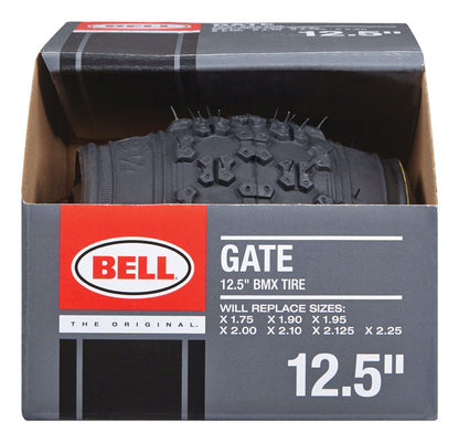 Black Emery Jensen BMX bike tire, 12.5-inch diameter, designed for BMX bikes, with a durable tread pattern and smooth sidewalls.