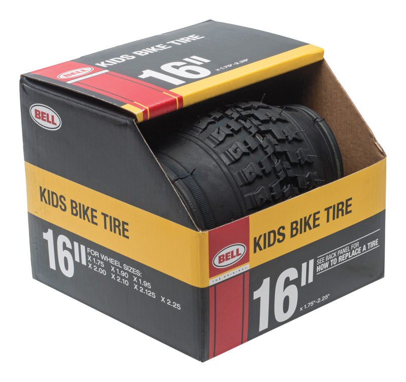 Black 16-inch bike tire from Emery Jensen, designed for bicycles, showing the tread pattern and sidewall details.