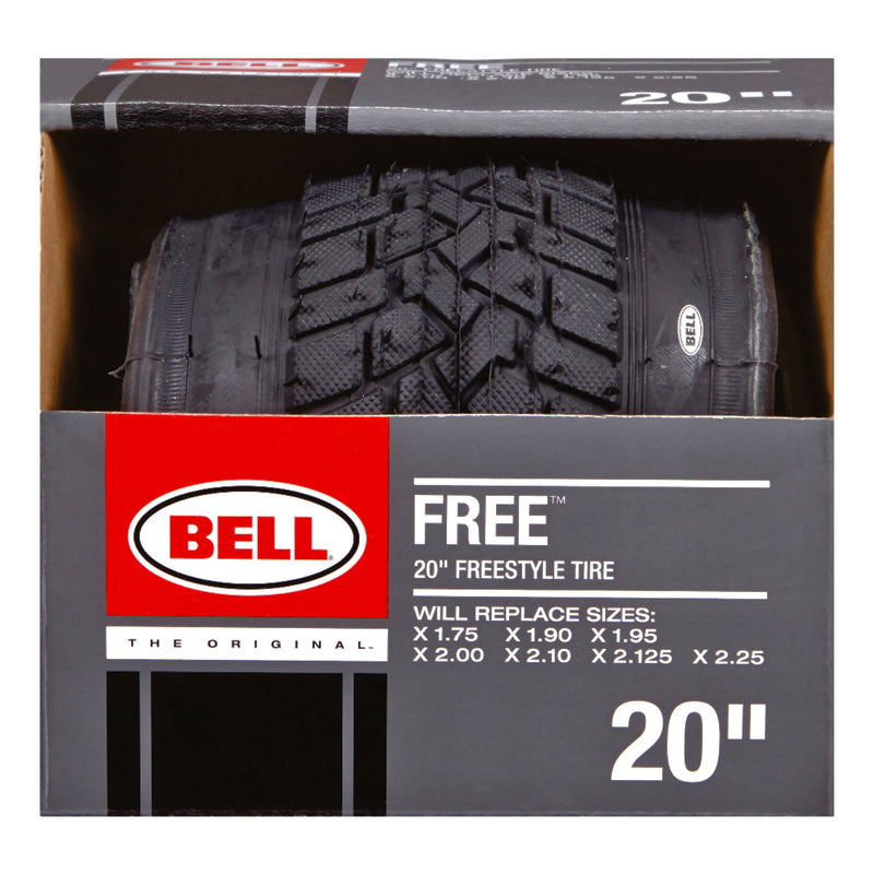 Black 20-inch bike tire by Emery Jensen, showing the tread pattern and sidewall for bike tires and tubes.
