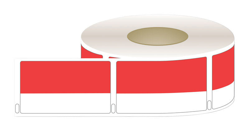 Red Dymo bin tag holder for Emery Jensen storage bins, designed for tagging and organizing items efficiently.