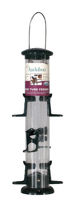 Emery Jensen Audubon 6-port seed bird feeder with clear plastic reservoirs and a green roof for attracting various backyard birds.