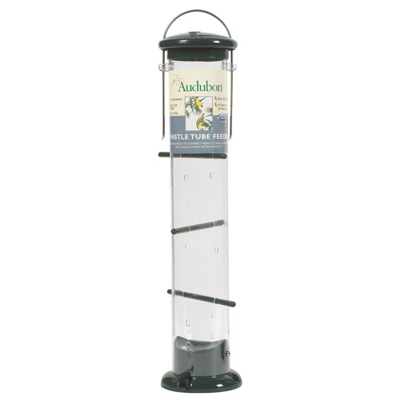 Emery Jensen Audubon 8-port bird feeder with transparent seed tubes and metal feeding ports, designed for outdoor bird feeding.