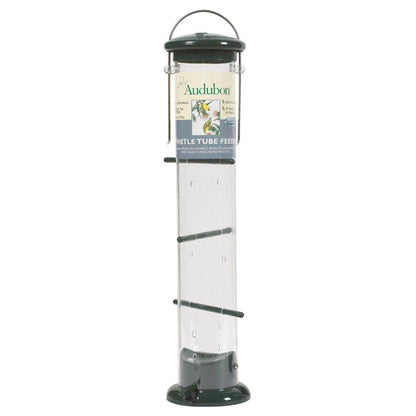 Emery Jensen Audubon 8-port bird feeder with transparent seed tubes and metal feeding ports, designed for outdoor bird feeding.