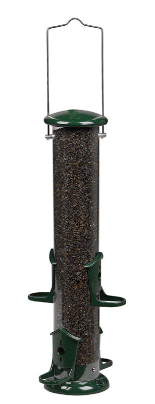 Emery Jensen Audubon Thistle Bird Feeder with a clear tube design and metal top, filled with thistle seed for garden birds.