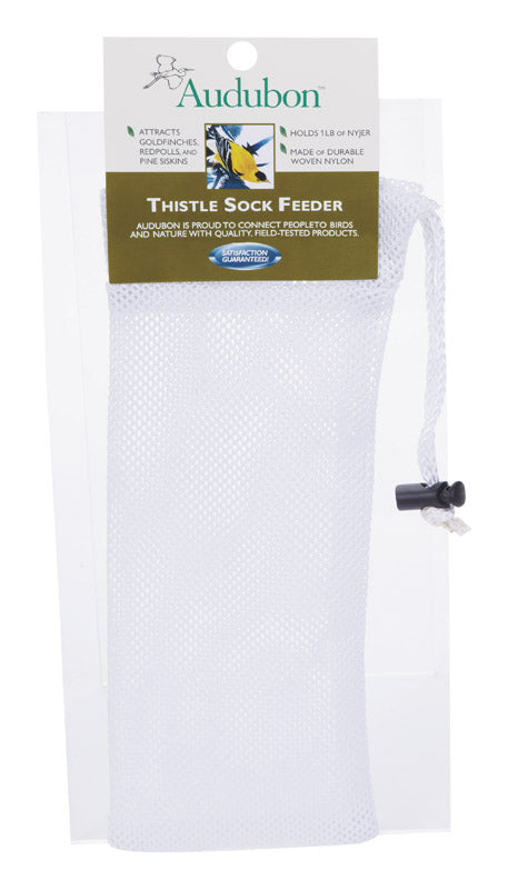 Emery Jensen Audubon Thistle Sock bird feeder with a bright yellow and black design, holding thistle seeds for songbirds.
