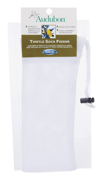 Emery Jensen Audubon Thistle Sock bird feeder with a bright yellow and black design, holding thistle seeds for songbirds.