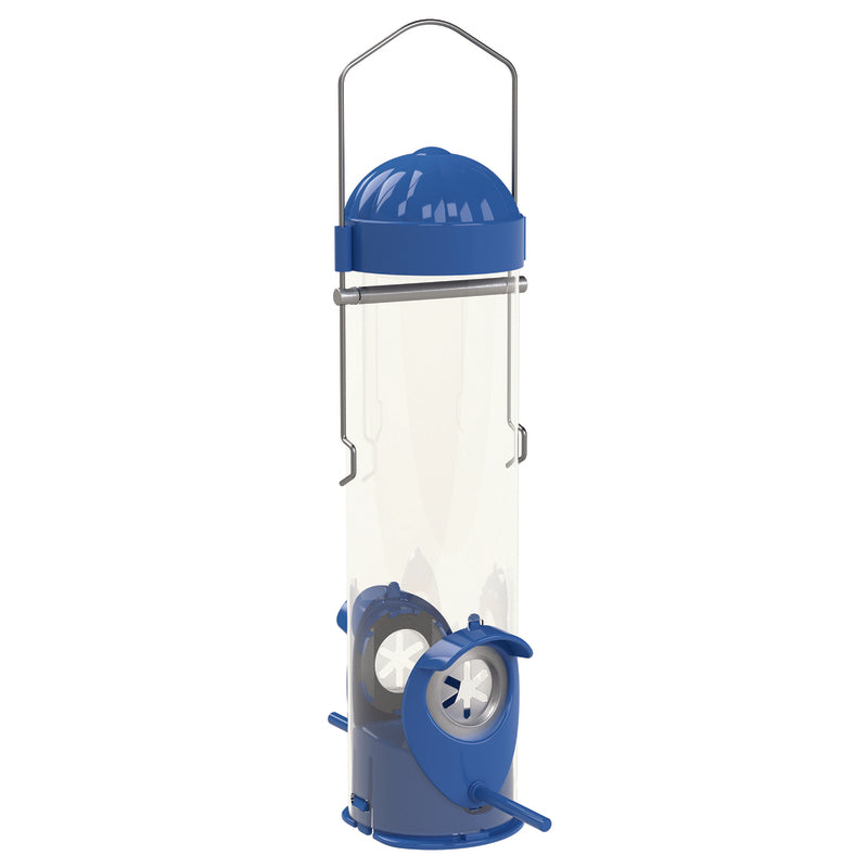 Blue bird feeder by Emery Jensen, 3.5oz capacity, designed for attracting and feeding backyard birds.