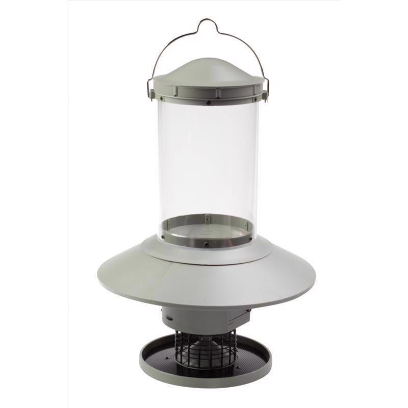 Emery Jensen bird feeder with a 1-gallon tube for wild birds, featuring a clear plastic container and metal feeding ports.