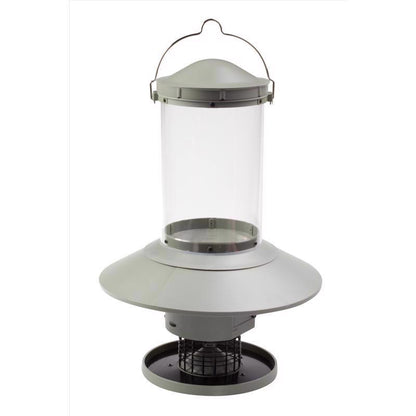 Emery Jensen bird feeder with a 1-gallon tube for wild birds, featuring a clear plastic container and metal feeding ports.