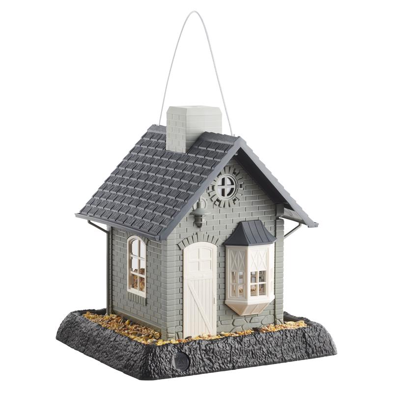 Emery Jensen bird feeder cottage holds 5lb of seed, designed to attract backyard birds with a cozy, cottage-style wooden design.