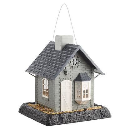 Emery Jensen bird feeder cottage holds 5lb of seed, designed to attract backyard birds with a cozy, cottage-style wooden design.