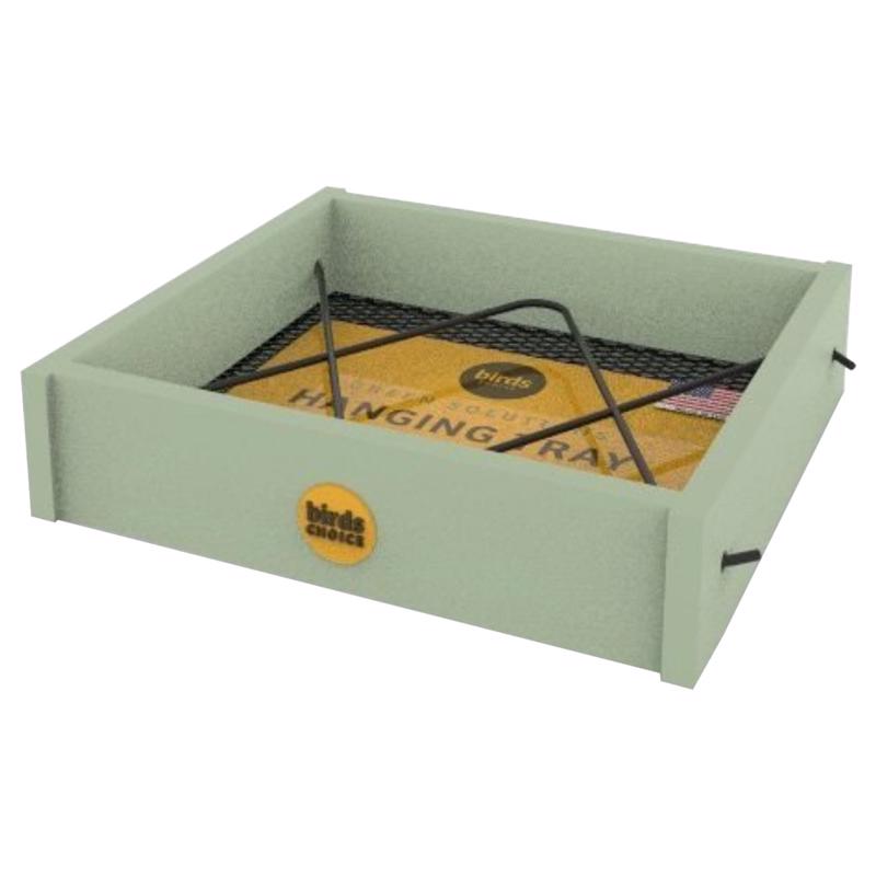 Green plastic bird feeder by Emery Jensen demonstrating a hanging design with seed tray and feeding ports.