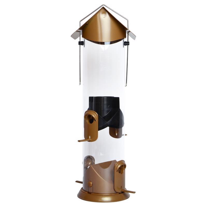 Emery Jensen 3QT bird feeder tube showing clear plastic tube with metal top and base for outdoor bird feeding.