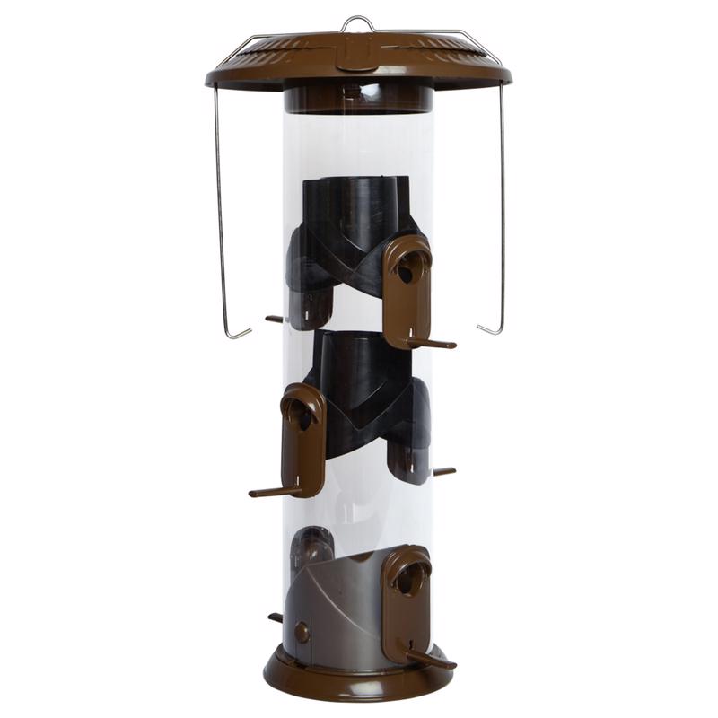 Emery Jensen bird feeder tube holding 6 pounds of birdseed, designed for attracting and feeding wild birds.