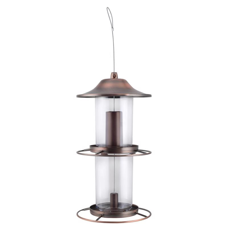 Emery Jensen Bird Feedr Panorma 2Port bird feeder with clear plastic container and metal perch for outdoor bird feeding.