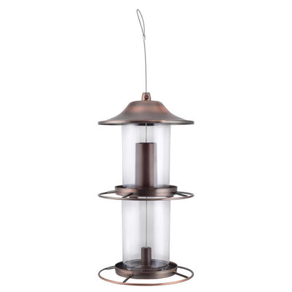 Emery Jensen Bird Feedr Panorma 2Port bird feeder with clear plastic container and metal perch for outdoor bird feeding.