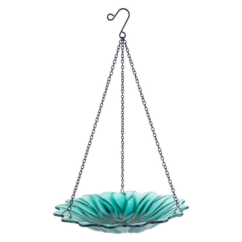 Emery Jensen bird feeder with blue glass and metal construction, 11-inch size, designed for attracting songbirds to your garden.