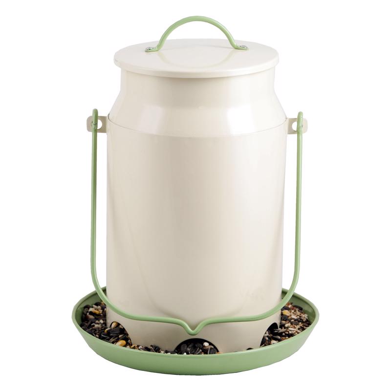 Emery Jensen BRD Feedr Milk Can 8lb bird feeder for attracting small birds, made of durable metal with a classic milk can design.