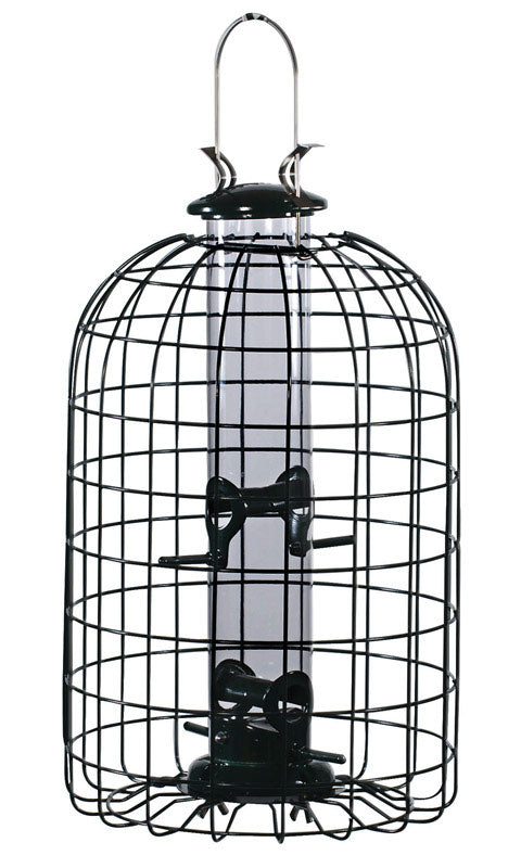Emery Jensen caged tube bird feeder with metal cage and clear plastic tube for bird seed, designed to attract small songbirds.