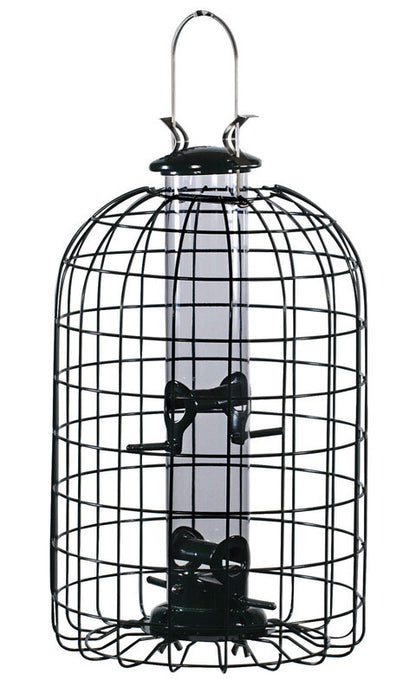 Emery Jensen caged tube bird feeder with metal cage and clear plastic tube for bird seed, designed to attract small songbirds.