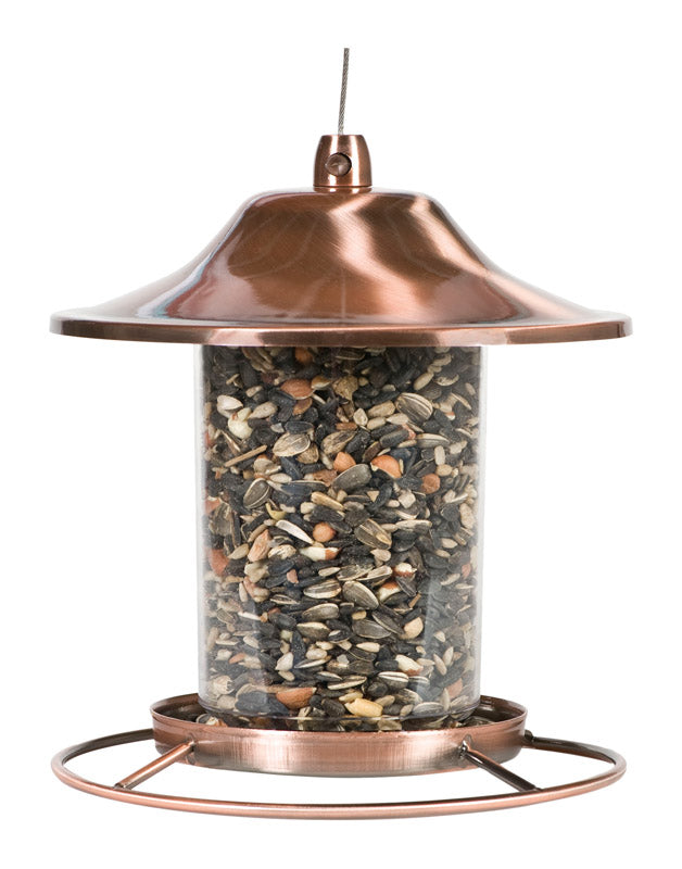 Two Emery Jensen Copper Panorama Bird Feeders showing a sleek, copper finish and wide feeding tray for attracting birds.