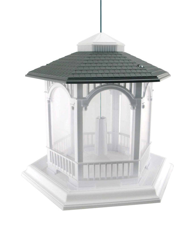 Pair of Emery Jensen Deluxe Gazebo Bird Feeders, decorative outdoor bird feeders with gazebo design for attracting songbirds.