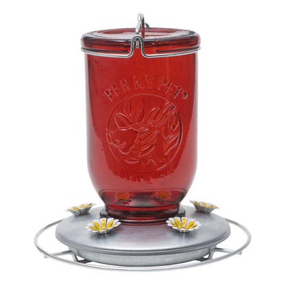 Two Emery Jensen bird feeders in mason jar style, 32oz capacity, designed for outdoor bird feeding, shown in a natural garden setting.