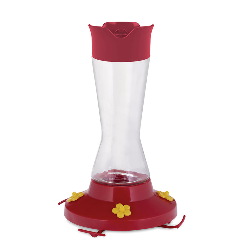 Emery Jensen hummingbird feeder with 16 oz capacity, clear plastic reservoir and decorative design for attracting hummingbirds.